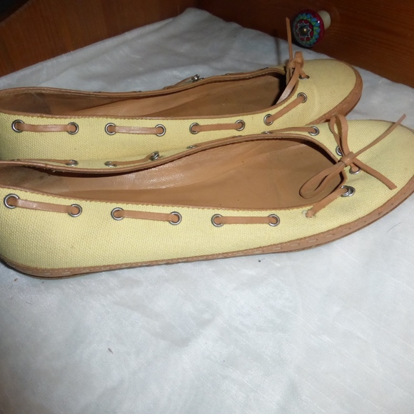 chanel flats 38.5 yellow canvas ballet shoes brown leather trim - Picture 4 of 7